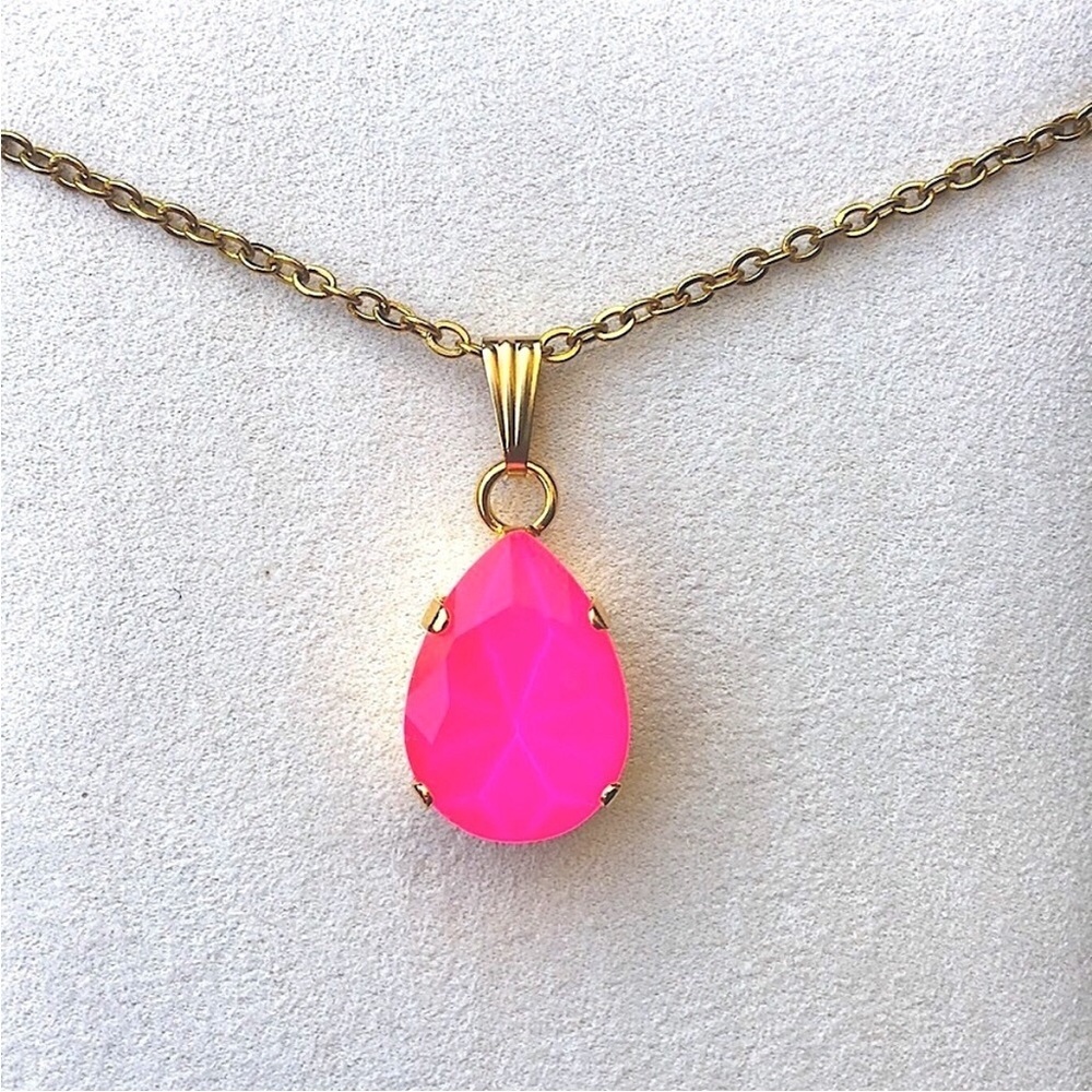 Hot Pink + Gold Pear Crystal Drop Pendant Necklace - Picture 4 of 5